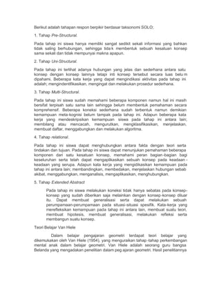 Berikut adalah tahapan respon berpikir berdasar taksonomi SOLO;
1. Tahap Pre-Structural.

Pada tahap ini siswa hanya memiliki sangat sedikit sekali informasi yang bahkan
tidak saling berhubungan, sehingga tida k membentuk sebuah kesatuan konsep
sama sekali dan tidak mempunyai makna apapun.

2. Tahap Uni-Structural.

Pada tahap ini terlihat adanya hubungan yang jelas dan sederhana antara satu
konsep dengan konsep lainnya tetapi inti konsep tersebut secara luas belu m
dipahami. Beberapa kata kerja yang dapat mengindikasi aktivitas pada tahap ini
adalah; mengindentifikasikan, mengingat dan melakukan prosedur sederhana.
3. Tahap Multi-Structural.

Pada tahap ini siswa sudah memahami beberapa komponen namun hal ini masih
bersifat terpisah satu sama lain sehingga belum membentuk pemahaman secara
komprehensif. Beberapa koneksi sederhana sudah terbentuk namun demikian
kemampuan meta-kognisi belum tampak pada tahap ini. Adapun beberapa kata
kerja yang mendeskripsikan kemampuan siswa pada tahap ini antara lain;
membilang atau mencacah, mengurutkan, mengklasifikasikan, menjelaskan,
membuat daftar, menggabungkan dan melakukan algoritma.
4. Tahap relational.

Pada tahap ini siswa dapat menghubungkan antara fakta dengan teori serta
tindakan dan tujuan. Pada tahap ini siswa dapat menunjukan pemahaman beberapa
komponen dari satu kesatuan konsep, memahami peran bagian -bagian bagi
keseluruhan serta telah dapat mengaplikasikan sebuah konsep pada keadaan -
keadaan yang serupa. Adapun kata kerja yang mengidikasikan kemampuan pada
tahap ini antara lain; membandingkan, membedakan, menjelaskan hubungan sebab
akibat, menggabungkan, menganalisis, mengaplikasikan, menghubungkan.

5. Tahap Extended Abstract
      Pada tahap ini siswa melakukan koneksi tidak hanya sebatas pada konsep-
      konsep yang sudah diberikan saja melainkan dengan konsep -konsep diluar
      itu. Dapat membuat generalisasi serta dapat melakukan sebuah
      perumpamaan-perumpamaan pada situasi-situasi spesifik. Kata-kerja yang
      merefleksikan kemampuan pada tahap ini antara lain, membuat suatu teori,
      membuat hipotesis, membuat generalisasi, melakukan refleksi serta
      membangun suatu konsep.

Teori Belajar Van Hiele
        Dalam belajar pengajaran geometri terdapat teori belajar yang
dikemukakan oleh Van Hiele (1954), yang menguraikan tahap -tahap perkembangan
mental anak dalam belajar geometri. Van Hiele adalah seorang guru bangsa
Belanda yang mengadakan penelitian dalam peg ajaran geometri. Hasil penelitiannya
 