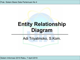 Prak. Sistem Basis Data Pertemuan Ke 4 Sistem Informasi 2010 Rabu, 7 April 2010 Entity Relationship Diagram Adi Triyatmoko, S.Kom. 