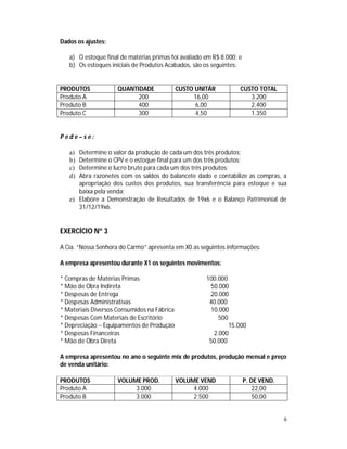 6
Dados os ajustes:
a) O estoque final de matérias primas foi avaliado em R$ 8.000; e
b) Os estoques iniciais de Produtos Acabados, são os seguintes:
PRODUTOS QUANTIDADE CUSTO UNITÁR CUSTO TOTAL
Produto A 200 16,00 3.200
Produto B 400 6,00 2.400
Produto C 300 4,50 1.350
P e d e – s e :
a) Determine o valor da produção de cada um dos três produtos;
b) Determine o CPV e o estoque final para um dos três produtos;
c) Determine o lucro bruto para cada um dos três produtos;
d) Abra razonetes com os saldos do balancete dado e contabilize as compras, a
apropriação dos custos dos produtos, sua transferência para estoque e sua
baixa pela venda;
e) Elabore a Demonstração de Resultados de 19x6 e o Balanço Patrimonial de
31/12/19x6.
EXERCÍCIO Nº 3
A Cia. “Nossa Senhora do Carmo” apresenta em X0 as seguintes informações:
A empresa apresentou durante X1 os seguintes movimentos:
* Compras de Matérias Primas 100.000
* Mão de Obra Indireta 50.000
* Despesas de Entrega 20.000
* Despesas Administrativas 40.000
* Materiais Diversos Consumidos na Fábrica 10.000
* Despesas Com Materiais de Escritório 500
* Depreciação – Equipamentos de Produção 15.000
* Despesas Financeiras 2.000
* Mão de Obra Direta 50.000
A empresa apresentou no ano o seguinte mix de produtos, produção mensal e preço
de venda unitário:
PRODUTOS VOLUME PROD. VOLUME VEND P. DE VEND.
Produto A 3.000 4.000 22,00
Produto B 3.000 2.500 50,00
 