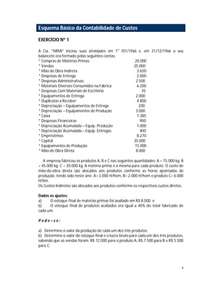 4
Esquema Básico da Contabilidade de Custos
EXERCÍCIO Nº 1
A Cia. “MIMI” iniciou suas atividades em 1o
/01/19x6 e, em 31/12/19x6 o seu
balancete era formado pelas seguintes contas:
* Compras de Matérias Primas 20.000
* Vendas 25.000
* Mão de Obra Indireta 3.650
* Despesas de Entrega 2.000
* Despesas Administrativas 2.500
* Materiais Diversos Consumidos na Fábrica 6.200
* Despesas Com Materiais de Escritório 35
* Equipamentos de Entrega 2.000
* Duplicatas a Receber 4.800
* Depreciação – Equipamentos de Entrega 200
* Depreciação – Equipamentos de Produção 3.000
* Caixa 1.385
* Despesas Financeiras 900
* Depreciação Acumulada – Equip. Produção 1.000
* Depreciação Acumulada – Equip. Entregas 400
* Empréstimos 8.270
* Capital 35.000
* Equipamentos de Produção 15.000
* Mão de Obra Direta 8.000
A empresa fabricou os produtos A, B e C nas seguintes quantidades: A = 75.000 kg; B
= 45.000 kg; C = 30.000 kg. A matéria prima é a mesma para cada produto. O custo de
mão-de-obra direta são alocados aos produtos conforme as horas apontadas de
produção, tendo sido neste ano: A= 3.000 H/hom, B= 2.000 H/hom e produto C= 6.000
H/hm.
Os Custos Indiretos são alocados aos produtos conforme os respectivos custos diretos.
Dados os ajustes:
a) O estoque final de matérias primas foi avaliado em R$ 8.000; e
b) O estoque final de produtos acabados era igual a 40% do total fabricado de
cada um.
P e d e – s e :
a) Determine o valor da produção de cada um dos três produtos;
b) Determine o valor do estoque final e o lucro bruto para cada um dos três produtos,
sabendo que as vendas foram: R$ 12.000 para o produto A, R$ 7.500 para B e R$ 5.500
para C;
 