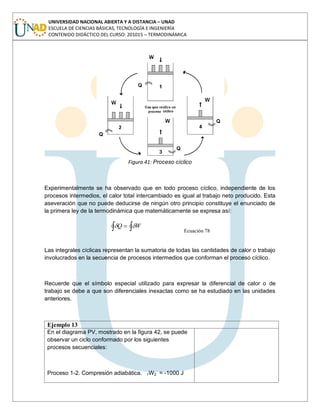 UNIVERSIDAD NACIONAL ABIERTA Y A DISTANCIA – UNAD
ESCUELA DE CIENCIAS BÁSICAS, TECNOLOGÍA E INGENIERÍA
CONTENIDO DIDÁCTICO DEL CURSO: 201015 – TERMODINÁMICA
Figura 41: Proceso cíclico
Experimentalmente se ha observado que en todo proceso cíclico, independiente de los
procesos intermedios, el calor total intercambiado es igual al trabajo neto producido. Esta
aseveración que no puede deducirse de ningún otro principio constituye el enunciado de
la primera ley de la termodinámica que matemáticamente se expresa así:
WQ
Ecuación 78
Las integrales cíclicas representan la sumatoria de todas las cantidades de calor o trabajo
involucrados en la secuencia de procesos intermedios que conforman el proceso cíclico.
Recuerde que el símbolo especial utilizado para expresar la diferencial de calor o de
trabajo se debe a que son diferenciales inexactas como se ha estudiado en las unidades
anteriores.
Ejemplo 13
En el diagrama PV, mostrado en la figura 42, se puede
observar un ciclo conformado por los siguientes
procesos secuenciales:
Proceso 1-2. Compresión adiabática. 1W2 = -1000 J
 