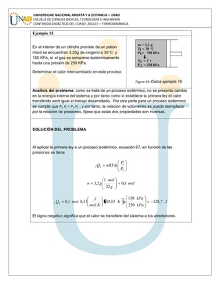 UNIVERSIDAD NACIONAL ABIERTA Y A DISTANCIA – UNAD
ESCUELA DE CIENCIAS BÁSICAS, TECNOLOGÍA E INGENIERÍA
CONTENIDO DIDÁCTICO DEL CURSO: 201015 – TERMODINÁMICA
Ejemplo 15
En el interior de un cilindro provisto de un pistón
móvil se encuentran 3,20g de oxígeno a 30 C y
150 KPa, si el gas se comprime isotérmicamente
hasta una presión de 250 KPa.
Determinar el calor intercambiado en este proceso.
Figura 44: Datos ejemplo 15
Análisis del problema: como se trata de un proceso isotérmico, no se presenta cambio
en la energía interna del sistema y por tanto como lo establece la primera ley el calor
transferido será igual al trabajo desarrollado. Por otra parte para un proceso isotérmico
se cumple que P1.V1 = P2.V2 , y por tanto, la relación de volúmenes se puede reemplazar
por la relación de presiones, fíjese que estas dos propiedades son inversas.
SOLUCIÓN DEL PROBLEMA
Al aplicar la primera ley a un proceso isotérmico, ecuación 97, en función de las
presiones se tiene
2
1
21 ln
P
P
nRTQ
mol
g
mol
gn 1,0
32
1
2,3
J
kPa
kPa
K
Kmol
J
molQ 7,128
250
150
ln15,303
.
31,81,021
El signo negativo significa que el calor se transfiere del sistema a los alrededores.
 