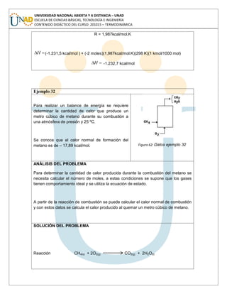 UNIVERSIDAD NACIONAL ABIERTA Y A DISTANCIA – UNAD
ESCUELA DE CIENCIAS BÁSICAS, TECNOLOGÍA E INGENIERÍA
CONTENIDO DIDÁCTICO DEL CURSO: 201015 – TERMODINÁMICA
R = 1,987kcal/mol.K
H (-1.231,5 kcal/mol ) + (-2 moles)(1,987kcal/mol.K)(298 K)(1 kmol/1000 mol)
H -1.232,7 kcal/mol
Ejemplo 32
Para realizar un balance de energía se requiere
determinar la cantidad de calor que produce un
metro cúbico de metano durante su combustión a
una atmósfera de presión y 25 ºC.
Se conoce que el calor normal de formación del
metano es de – 17,89 kcal/mol. Figura 62: Datos ejemplo 32
ANÁLISIS DEL PROBLEMA
Para determinar la cantidad de calor producida durante la combustión del metano se
necesita calcular el número de moles, a estas condiciones se supone que los gases
tienen comportamiento ideal y se utiliza la ecuación de estado.
A partir de la reacción de combustión se puede calcular el calor normal de combustión
y con estos datos se calcula el calor producido al quemar un metro cúbico de metano.
SOLUCIÓN DEL PROBLEMA
Reacción CH4(s) + 2O2(g) CO2(g) + 2H2O(l)
 
