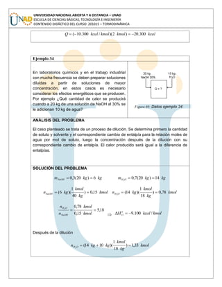 UNIVERSIDAD NACIONAL ABIERTA Y A DISTANCIA – UNAD
ESCUELA DE CIENCIAS BÁSICAS, TECNOLOGÍA E INGENIERÍA
CONTENIDO DIDÁCTICO DEL CURSO: 201015 – TERMODINÁMICA
kcalkmolkmolkcalQ 300.20)2)(/300.10(
Ejemplo 34
En laboratorios químicos y en el trabajo industrial
con mucha frecuencia se deben preparar soluciones
diluidas a partir de soluciones de mayor
concentración, en estos casos es necesario
considerar los efectos energéticos que se producen.
Por ejemplo ¿Qué cantidad de calor se producirá
cuando a 20 kg de una solución de NaOH al 30% se
le adicionan 10 kg de agua?
Figura 69: Datos ejemplo 34
ANÁLISIS DEL PROBLEMA
El caso planteado se trata de un proceso de dilución. Se determina primero la cantidad
de soluto y solvente y el correspondiente cambio de entalpía para la relación moles de
agua por mol de soluto, luego la concentración después de la dilución con su
correspondiente cambio de entalpía. El calor producido será igual a la diferencia de
entalpías.
SOLUCIÓN DEL PROBLEMA
kgkgmNaOH 6)20(3,0 kgkgm OH 14)20(7,02
kmol
kg
kmol
kgnNaOH 15,0)
40
1
)(6( kmol
kg
kmol
kgn OH 78,0)
18
1
)(14(2
18,5
15,0
78,02
kmol
kmol
n
n
NaOH
OH
kmolkcalH o
s /100.91
Después de la dilución
kmol
kg
kmol
kgkgn OH 33,1)
18
1
)(1014(2
 