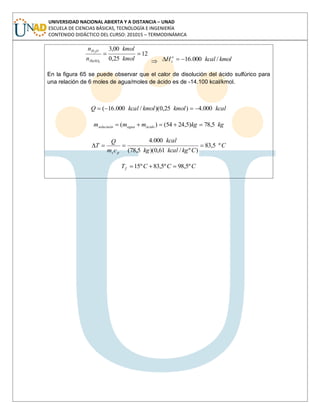 UNIVERSIDAD NACIONAL ABIERTA Y A DISTANCIA – UNAD
ESCUELA DE CIENCIAS BÁSICAS, TECNOLOGÍA E INGENIERÍA
CONTENIDO DIDÁCTICO DEL CURSO: 201015 – TERMODINÁMICA
12
25,0
00,3
4
2
kmol
kmol
n
n
HaSO
OH
kmolkcalH o
s /000.16
En la figura 65 se puede observar que el calor de disolución del ácido sulfúrico para
una relación de 6 moles de agua/moles de ácido es de -14.100 kcal/kmol.
kcalkmolkmolkcalQ 000.4)25,0)(/000.16(
kgkgmmm ácidoaguasoluciuón 5,78)5,2454()(
C
Ckgkcalkg
kcal
cm
Q
T
ps
º5,83
)º/61,0)(5,78(
000.4
CCCTf º5,98º5,83º15
 