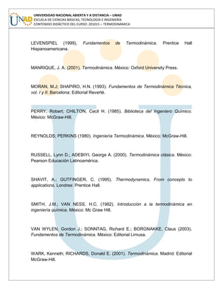 UNIVERSIDAD NACIONAL ABIERTA Y A DISTANCIA – UNAD
ESCUELA DE CIENCIAS BÁSICAS, TECNOLOGÍA E INGENIERÍA
CONTENIDO DIDÁCTICO DEL CURSO: 201015 – TERMODINÁMICA
LEVENSPIEL (1999), Fundamentos de Termodinámica. Prentice Hall
Hispanoamericana.
MANRIQUE, J. A. (2001). Termodinámica. México: Oxford University Press.
MORAN, M.J; SHAPIRO, H.N. (1993). Fundamentos de Termodinámica Técnica,
vol. I y II. Barcelona: Editorial Reverté.
PERRY, Robert; CHILTON, Cecil H. (1985). Biblioteca del Ingeniero Químico.
México: McGraw-Hill.
REYNOLDS; PERKINS (1980). Ingeniería Termodinámica. México: McGraw-Hill.
RUSSELL, Lynn D.; ADEBIYI, George A. (2000). Termodinámica clásica. México:
Pearson Educación Latinoamérica.
SHAVIT, A.; GUTFINGER, C. (1995). Thermodynamics, From concepts to
applications. Londres: Prentice Hall.
SMITH, J.M.; VAN NESS, H.C. (1982). Introducción a la termodinámica en
ingeniería química. México: Mc Graw Hill.
VAN WYLEN, Gordon J.; SONNTAG, Richard E.; BORGNAKKE, Claus (2003).
Fundamentos de Termodinámica. México: Editorial Limusa.
WARK, Kenneth; RICHARDS, Donald E. (2001). Termodinámica. Madrid: Editorial
McGraw-Hill.
 
