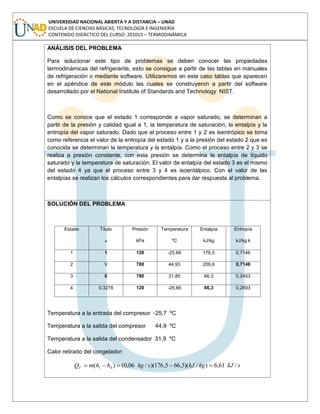 UNIVERSIDAD NACIONAL ABIERTA Y A DISTANCIA – UNAD
ESCUELA DE CIENCIAS BÁSICAS, TECNOLOGÍA E INGENIERÍA
CONTENIDO DIDÁCTICO DEL CURSO: 201015 – TERMODINÁMICA
ANÁLISIS DEL PROBLEMA
Para solucionar este tipo de problemas se deben conocer las propiedades
termodinámicas del refrigerante, esto se consigue a partir de las tablas en manuales
de refrigeración o mediante software. Utilizaremos en este caso tablas que aparecen
en el apéndice de este módulo las cuales se construyeron a partir del software
desarrollado por el National Institute of Standards and Technology NIST.
Como se conoce que el estado 1 corresponde a vapor saturado, se determinan a
partir de la presión y calidad igual a 1, la temperatura de saturación, la entalpía y la
entropía del vapor saturado. Dado que el proceso entre 1 y 2 es isentrópico se toma
como referencia el valor de la entropía del estado 1 y a la presión del estado 2 que es
conocida se determinan la temperatura y la entalpía. Como el proceso entre 2 y 3 se
realiza a presión constante, con esta presión se determina la entalpía de líquido
saturado y la temperatura de saturación. El valor de entalpía del estado 3 es el mismo
del estado 4 ya que el proceso entre 3 y 4 es isoentálpico. Con el valor de las
entalpías se realizan los cálculos correspondientes para dar respuesta al problema.
SOLUCIÓN DEL PROBLEMA
Estado Título
x
Presión
kPa
Temperatura
ºC
Entalpía
kJ/kg
Entropía
kJ/kg k
1 1 120 -25,66 176,5 0,7146
2 V 780 44,93 209,6 0,7146
3 0 780 31,85 66,3 0,2453
4 0.3278 120 -25,66 66,3 0,2693
Temperatura a la entrada del compresor -25,7 ºC
Temperatura a la salida del compresor 44,9 ºC
Temperatura a la salida del condensador 31,9 ºC
Calor retirado del congelador:
skJkgkJskghhmQF /61,6)/)(3,665,176)(/06,0()( 41
 