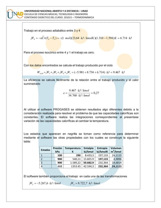 UNIVERSIDAD NACIONAL ABIERTA Y A DISTANCIA – UNAD
ESCUELA DE CIENCIAS BÁSICAS, TECNOLOGÍA E INGENIERÍA
CONTENIDO DIDÁCTICO DEL CURSO: 201015 – TERMODINÁMICA
Trabajo en el proceso adiabático entre 3 y 4
kJKkmolKkJmolTTvCnW 714.6)594.1310.1)(/64,23)(1()( 3443
Para el proceso isocórico entre 4 y 1 el trabajo es cero.
Con los datos encontrados se calcula el trabajo producido por el ciclo
kJkJWWWWWciclo 467.9)714.6734.8981.5(14433221
La eficiencia se calcula fácilmente de la relación entre el trabajo producido y el calor
suministrado
27,0
/760.34
/467.9
kmolkJ
kmolkJ
e
Al utilizar el software PROGASES se obtienen resultados algo diferentes debido a la
consideración realizada para resolver el problema de que las capacidades caloríficas son
constantes. El software realiza las integraciones correspondientes al presentase
variación de las capacidades caloríficas al cambiar la temperatura.
Los estados que aparecen en negrilla se toman como referencia para determinar
mediante el software las otras propiedades con los cuales se construye la siguiente
tabla:
Estados
Presión
kPa
Temperatura
K
Entalpía
kJ/kmol
Entropía
kJ/kmolK
Volumen
m3
/kmol
1 100 290 8.433,3 197,133 24,1115
2 900 540,11 15.825.9 197,133 4,9896
3 900 1.589,22 50.682,9 232,364 14,6814
4 468 1353.45 42.594,3 232,364 24,1115
El software también proporciona el trabajo en cada una de las transformaciones
kmolkJW /6,267.521 kmolkJW /7,722.832
 