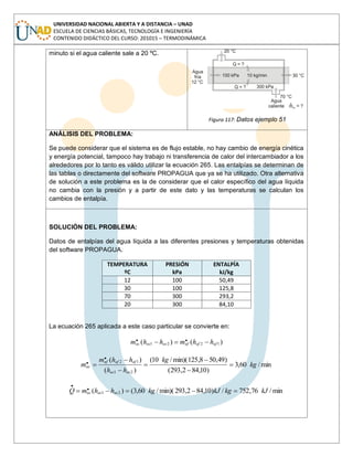 UNIVERSIDAD NACIONAL ABIERTA Y A DISTANCIA – UNAD
ESCUELA DE CIENCIAS BÁSICAS, TECNOLOGÍA E INGENIERÍA
CONTENIDO DIDÁCTICO DEL CURSO: 201015 – TERMODINÁMICA
minuto si el agua caliente sale a 20 ºC.
Figura 117: Datos ejemplo 51
ANÁLISIS DEL PROBLEMA:
Se puede considerar que el sistema es de flujo estable, no hay cambio de energía cinética
y energía potencial, tampoco hay trabajo ni transferencia de calor del intercambiador a los
alrededores por lo tanto es válido utilizar la ecuación 265. Las entalpías se determinan de
las tablas o directamente del software PROPAGUA que ya se ha utilizado. Otra alternativa
de solución a este problema es la de considerar que el calor específico del agua líquida
no cambia con la presión y a partir de este dato y las temperaturas se calculan los
cambios de entalpía.
SOLUCIÓN DEL PROBLEMA:
Datos de entalpías del agua líquida a las diferentes presiones y temperaturas obtenidas
del software PROPAGUA.
TEMPERATURA
ºC
PRESIÓN
kPa
ENTALPÍA
kJ/kg
12 100 50,49
30 100 125,8
70 300 293,2
20 300 84,10
La ecuación 265 aplicada a este caso particular se convierte en:
)()( 1221
.. afafafacacac hhmhhm
min/60,3
)10,842,293(
)49,508,125min)(/10(
)(
)(
21
12
.. kg
kg
hh
hhm
m
acac
afafaf
ac
min/76,752/)10,842,293min)(/60,3()( 21
.. kJkgkJkghhmQ acacac
 