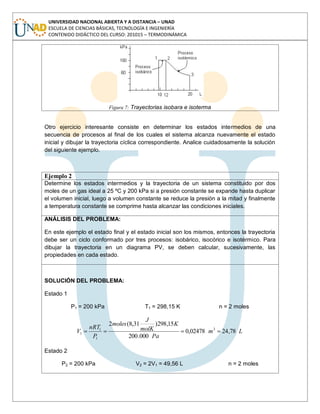 UNIVERSIDAD NACIONAL ABIERTA Y A DISTANCIA – UNAD
ESCUELA DE CIENCIAS BÁSICAS, TECNOLOGÍA E INGENIERÍA
CONTENIDO DIDÁCTICO DEL CURSO: 201015 – TERMODINÁMICA
Figura 7: Trayectorias isobara e isoterma
Otro ejercicio interesante consiste en determinar los estados intermedios de una
secuencia de procesos al final de los cuales el sistema alcanza nuevamente el estado
inicial y dibujar la trayectoria cíclica correspondiente. Analice cuidadosamente la solución
del siguiente ejemplo.
Ejemplo 2
Determine los estados intermedios y la trayectoria de un sistema constituido por dos
moles de un gas ideal a 25 ºC y 200 kPa si a presión constante se expande hasta duplicar
el volumen inicial, luego a volumen constante se reduce la presión a la mitad y finalmente
a temperatura constante se comprime hasta alcanzar las condiciones iniciales.
ANÁLISIS DEL PROBLEMA:
En este ejemplo el estado final y el estado inicial son los mismos, entonces la trayectoria
debe ser un ciclo conformado por tres procesos: isobárico, isocórico e isotérmico. Para
dibujar la trayectoria en un diagrama PV, se deben calcular, sucesivamente, las
propiedades en cada estado.
SOLUCIÓN DEL PROBLEMA:
Estado 1
P1 = 200 kPa T1 = 298,15 K n = 2 moles
Lm
Pa
K
molK
J
moles
P
nRT
V 78,2402478,0
000.200
15,298)31,8(2
3
1
1
1
Estado 2
P2 = 200 kPa V2 = 2V1 = 49,56 L n = 2 moles
 