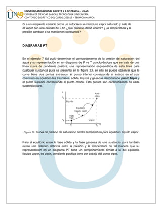 UNIVERSIDAD NACIONAL ABIERTA Y A DISTANCIA – UNAD
ESCUELA DE CIENCIAS BÁSICAS, TECNOLOGÍA E INGENIERÍA
CONTENIDO DIDÁCTICO DEL CURSO: 201015 – TERMODINÁMICA
Si a un recipiente cerrado como un autoclave se introduce vapor saturado y sale de
él vapor con una calidad de 0,65 ¿qué proceso debió ocurrir? ¿La temperatura y la
presión cambian o se mantienen constantes?
DIAGRAMAS PT
En el ejemplo 7 Ud pudo determinar el comportamiento de la presión de saturación del
agua y su representación en un diagrama de P vs T concluyéndose que se trata de una
línea curva de pendiente positiva; una representación esquemática de esta línea para
cualquier sustancia pura se presenta en la figura 33, en ella se puede observar que la
curva tiene dos puntos extremos: el punto inferior corresponde al estado en el cual
coexisten en equilibrio las tres fases, sólida, líquida y gaseosa denominado punto triple y
el punto superior corresponde al punto crítico. Esto puntos son característicos de cada
sustancia pura.
Figura 33: Curva de presión de saturación contra temperatura para equilibrio líquido vapor
Para el equilibrio entre la fase sólida y la fase gaseosa de una sustancia pura también
existe una relación definida entre la presión y la temperatura de tal manera que su
representación en un diagrama PT tiene un comportamiento similar a la del equilibrio
líquido vapor, es decir, pendiente positiva pero por debajo del punto triple.
 