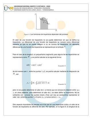 UNIVERSIDAD NACIONAL ABIERTA Y A DISTANCIA – UNAD
ESCUELA DE CIENCIAS BÁSICAS, TECNOLOGÍA E INGENIERÍA
CONTENIDO DIDÁCTICO DEL CURSO: 201015 – TERMODINÁMICA
Figura 9: Las funciones de trayectoria dependen del proceso
El valor de una función de trayectoria no se puede determinar sin que se defina su
trayectoria. La diferencial de una función de trayectoria se conoce como diferencial
inexacta ya que no se puede integrar si no se conoce su trayectoria. Un elemento
diferencial de una función de trayectoria se representa por el símbolo .
Para el caso de la longitud, un pequeñísimo segmento para alguna de las trayectorias se
representaría como L , y se podría calcular en la siguiente forma:
222
)()()( dzdyL Ecuación 13
de tal manera que L , entre los puntos 1 y 2, se podría calcular mediante la integración de
L , así:
dzdzdyLL
1
2
1
1
21 1)/(
Ecuación 14
pero no se puede determinar el valor de L a menos que se conozca la relación entre y y
z, en otras palabras, para determinar el valor de L se debe definir la trayectoria. No es
suficiente con conocer los puntos inicial y final, por eso se acostumbra representar el
valor de L entre los puntos 1 y 2 como 1L-2 y nunca como L1 – L2 .
Otro aspecto importante de precisar es el de que en una trayectoria cíclica, el valor de la
función de trayectoria es diferente de cero. Por ejemplo, en la figura 9, la longitud de la
 