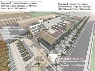 Conjunto 3Conjunto 3 / Pain/ Painééisis FotovoltFotovoltááicosicos sobre asobre a
cobertura docobertura do áátrio. Produtrio. Produçção (35ão (35 MWhMWh/ano) //ano) /
ÁÁrea = 504 mrea = 504 m22
/ 180 m/ 180 móódulos;
Conjunto 4Conjunto 4Conjunto 4 / Pain/ Pain/ Painéééisisis
FotovoltFotovoltFotovoltáááicosicosicos na coberturana coberturana cobertura
de terrade terrade terraççço.o.o.
ProduProduProduççção (22ão (22ão (22 MWhMWhMWh/ano) //ano) //ano) /
126 m126 m126 m222
/ 96m/ 96m/ 96móóódulos;dulos;dulos;
Conjunto 5Conjunto 5Conjunto 5 / Pain/ Pain/ Painéééis Fotois Fotois Foto---
voltvoltvoltáááicosicosicos embutidos em Telas;embutidos em Telas;embutidos em Telas;
ProduProduProduççção (13,9ão (13,9ão (13,9 MWhMWhMWh/ano)/393 m/ano)/393 m/ano)/393 m222
dulos;
Conjunto 2Conjunto 2 / Pain/ Painééisis FotovoltFotovoltááicosicos
sobre em terrasobre em terraçço (corpo SE). Produo (corpo SE). Produççãoão
(42(42 MWhMWh/ano) / 238 m/ano) / 238 m22
/ 180m/ 180móódulos;dulos;
 