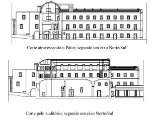 Corte atravessando o Pátio; segundo um eixo Norte/Sul
Corte pelo auditório; segundo um eixo Norte/Sul
 