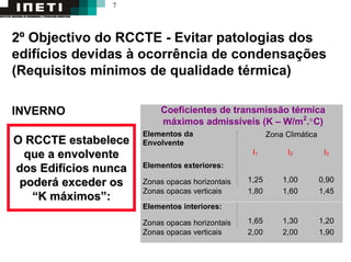 7
2º Objectivo do RCCTE - Evitar patologias dos
edifícios devidas à ocorrência de condensações
(Requisitos mínimos de qualidade térmica)
INVERNO Coeficientes de transmissão térmica
máximos admissíveis (K – W/m2
.°C)
Zona ClimáticaElementos da
Envolvente
I1 I2 I3
Elementos exteriores:
Zonas opacas horizontais 1,25 1,00 0,90
Zonas opacas verticais 1,80 1,60 1,45
Elementos interiores:
Zonas opacas horizontais 1,65 1,30 1,20
Zonas opacas verticais 2,00 2,00 1,90
O RCCTE estabeleceO RCCTE estabelece
que a envolventeque a envolvente
dos Edifdos Edifíícios nuncacios nunca
poderpoderáá exceder osexceder os
““K mK mááximosximos””::
 