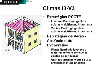 39
Climas I3-V3
• Estratégias RCCTE
– Inverno - Promover ganhos
solares = Muitíssimo importante
– Verão - Restringir ganhos
solares = Muitíssimo importante
• Estratégias de Verão -
Arrefecimento
Evaporativo
– Planta Quadrada favorece o
factor de forma e diminue as
perdas de condução;
– Grandes áreas de vidro a Sul c/
protecções muito Eficazes.
 