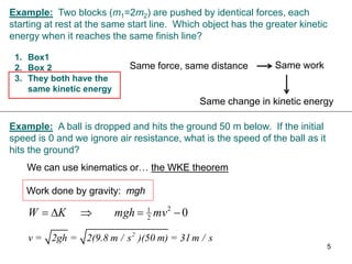 Example: Two blocks (m1=2m2) are pushed by identical forces, each
starting at rest at the same start line. Which object has the greater kinetic
energy when it reaches the same finish line?
Same force, same distance Same work
Same change in kinetic energy
1. Box1
2. Box 2
3. They both have the
same kinetic energy
Example: A ball is dropped and hits the ground 50 m below. If the initial
speed is 0 and we ignore air resistance, what is the speed of the ball as it
hits the ground?
We can use kinematics or… the WKE theorem
2
v = 2gh = 2(9.8 m / s )(50 m) = 31m / s
Work done by gravity: mgh
0
2
2
1




 mv
mgh
K
W
5
 