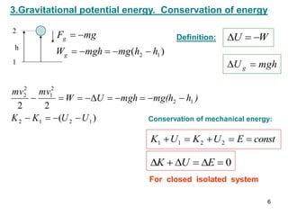 3.Gravitational potential energy. Conservation of energy
h
1
2
)
(
2
2
1
2
1
2
1
2
2
1
2
2
U
U
K
K
)
h
mg(h
mgh
U
W
mv
mv














W
U 


Definition:
mgh
Ug 

)
( 1
2 h
h
mg
mgh
W
mg
F
g
g







const
E
U
K
U
K 



 2
2
1
1
0





 E
U
K
For closed isolated system
Conservation of mechanical energy:
6
 