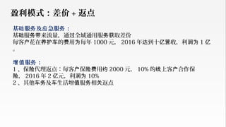 基 服 及 急服 ：础 务 应 务
基 服 来流量，通 全城通用服 取差价础 务带 过 务获
每客 花在 的 用 每年户 养护车 费 为 1000 元， 2016 年 到十 收，利达 亿营 润为 1 亿
。
服 ：增值 务
1 、保 代理返点：每客 保 用险 户 险费 约 2000 元， 10% 的 上客 合作保线 户
，险 2016 年 2 元，利亿 润为 10%
2 、其他 及 生活增 服 相 返点车务 车 值 务 关
盈利模式：差价 + 返点
 