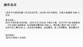 i 平台按照估车车 值 1 美金来 算，出亿 计 让约 10% 的股份，计划 A 融轮 资 1000 万
美金。
金用途：资
2015 年底 全国市 ，开启 场 2016 年在全国 50 个城市上 ，每市平均线 100 家服 商务
，共计 5000 家服 商务 . 每家服 商 用务 费 约 1000 元。 上 客预计线 获 100 万客 ，户
每客 投入 用户 费 50 元。涉及到市 用，拓展 用， 工管理 用， 客 用等场费 费 员 费 获 费
。
退出机制：
2018 年 上市流程。启动
融 需求资
 