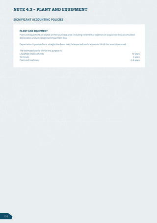NOTE 4.3 – PLANT AND EQUIPMENT
PLANT AND EQUIPMENT
Plant and equipment are stated at their purchase price, including incremental expenses on acquisition less accumulated
depreciation and any recognised impairment loss.
Depreciation is provided on a straight-line basis over the expected useful economic life of the assets concerned.
The estimated useful life for this purpose is:
Leasehold improvements 	 10 years
Terminals 	 3 years
Plant and machinery 	 2–4 years
SIGNIFICANT ACCOUNTING POLICIES
104
 