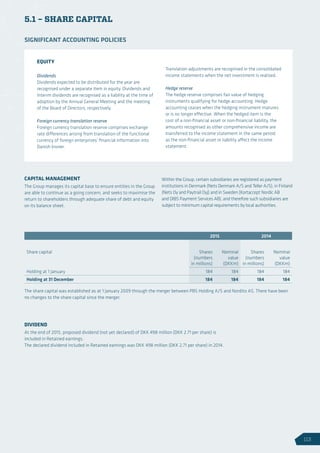 5.1 – SHARE CAPITAL
CAPITAL MANAGEMENT
The Group manages its capital base to ensure entities in the Group
are able to continue as a going concern, and seeks to maximise the
return to shareholders through adequate share of debt and equity
on its balance sheet.
Within the Group, certain subsidiaries are registered as payment
institutions in Denmark (Nets Denmark A/S and Teller A/S), in Finland
(Nets Oy and Paytrail Oyj) and in Sweden (Kortaccept Nordic AB
and DIBS Payment Services AB), and therefore such subsidiaries are
subject to minimum capital requirements by local authorities.
The share capital was established as at 1 January 2009 through the merger between PBS Holding A/S and Nordito AS. There have been
no changes to the share capital since the merger.
2015 2014
Share capital Shares
(numbers
in millions)
Nominal
value
(DKKm)
Shares
(numbers
in millions)
Nominal
value
(DKKm)
Holding at 1 January 184 184 184 184
Holding at 31 December 184 184 184 184
EQUITY
Dividends
Dividends expected to be distributed for the year are
recognised under a separate item in equity. Dividends and
interim dividends are recognised as a liability at the time of
adoption by the Annual General Meeting and the meeting
of the Board of Directors, respectively.
Foreign currency translation reserve
Foreign currency translation reserve comprises exchange
rate differences arising from translation of the functional
currency of foreign enterprises’ financial information into
Danish kroner.
Translation adjustments are recognised in the consolidated
income statements when the net investment is realised.
Hedge reserve
The hedge reserve comprises fair value of hedging
instruments qualifying for hedge accounting. Hedge
accounting ceases when the hedging instrument matures
or is no longer effective. When the hedged item is the
cost of a non-financial asset or non-financial liability, the
amounts recognised as other comprehensive income are
transferred to the income statement in the same period
as the non-financial asset or liability affect the income
statement.
SIGNIFICANT ACCOUNTING POLICIES
DIVIDEND
At the end of 2015, proposed dividend (not yet declared) of DKK 498 million (DKK 2.71 per share) is
included in Retained earnings.
The declared dividend included in Retained earnings was DKK 498 million (DKK 2.71 per share) in 2014.
113
 