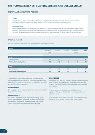 5.5 – COMMITMENTS, CONTINGENCIES AND COLLATERALS
Operating lease commitments are related to noncancellable
operating leases primarily pertaining to premises, cars and office
equipment. The lease costs for 2015 and 2014 were DKK 101 million
and DKK 106 million, respectively.
COMMITMENTS
The Group has entered into a number of long-term agreements for
the purchase of services.
CONTINGENCIES
The Group is engaged in certain litigation proceedings. In the
opinion of Management, settlement or continuation of these
proceedings is not expected to have a material effect on the
Group’s financial position, operating profit or cash flow.
COLLATERALS
Nets Holding A/S, Nets A/S, Teller A/S and Nets Oy are guarantors
under the senior facility agreement at Nassa Midco AS and have
certain of their assets, including selected bank accounts, pledged
to the lenders.
All such arrangements strictly observe applicable laws and
regulations. This has no effect on daily business and excludes all
settlement assets.
In 2014 EUR 149 million of the Receivables from cardholders were
pledged as security for the Asset-Backed Loan in Finland.
GROUP AS A LESSEE:
The total contractual obligations as at 31 December can be specified as follows:
DKKm
Less than
1 year
1-3 years 3-5 years More than
5 years
Total
2015
Operating leases 103 142 72 - 317
Total contractual obligations 103 142 72 0 317
2014
Operating leases 101 186 132 52 471
Total contractual obligations 101 186 132 52 471
LEASES
Contracts to lease assets are classified as financial leasing if they transfer substantially all the risks and rewards of
ownership of the asset to the Group. Other contracts to lease assets are classified as operating leases.
The Group as lessee
Operating lease payments are recognised as an expense on a straight-line basis over the lease term, except where another
systematic basis is more representative of the time pattern in which economic benefits from the leased asset are consumed.
Contingent rentals arising under operating leases are recognised as an expense in the period in which they are incurred.
SIGNIFICANT ACCOUNTING POLICIES
118
 