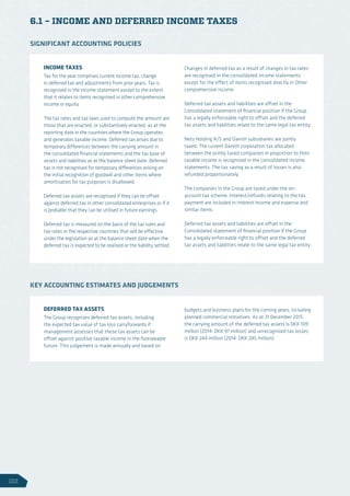 6.1 – INCOME AND DEFERRED INCOME TAXES
INCOME TAXES
Tax for the year comprises current income tax, change
in deferred tax and adjustments from prior years. Tax is
recognised in the income statement except to the extent
that it relates to items recognised in other comprehensive
income or equity.
The tax rates and tax laws used to compute the amount are
those that are enacted, or substantively enacted, as at the
reporting date in the countries where the Group operates
and generates taxable income. Deferred tax arises due to
temporary differences between the carrying amount in
the consolidated financial statements and the tax base of
assets and liabilities as at the balance sheet date. Deferred
tax is not recognised for temporary differences arising on
the initial recognition of goodwill and other items where
amortisation for tax purposes is disallowed.
Deferred tax assets are recognised if they can be offset
against deferred tax in other consolidated enterprises or if it
is probable that they can be utilised in future earnings.
Deferred tax is measured on the basis of the tax rules and
tax rates in the respective countries that will be effective
under the legislation as at the balance sheet date when the
deferred tax is expected to be realised or the liability settled.
Changes in deferred tax as a result of changes in tax rates
are recognised in the consolidated income statements
except for the effect of items recognised directly in Other
comprehensive income.
Deferred tax assets and liabilities are offset in the
Consolidated statement of financial position if the Group
has a legally enforceable right to offset and the deferred
tax assets and liabilities relate to the same legal tax entity.
Nets Holding A/S and Danish subsidiaries are jointly
taxed. The current Danish corporation tax allocated
between the jointly taxed companies in proportion to their
taxable income is recognised in the consolidated income
statements. The tax saving as a result of losses is also
refunded proportionately.
The companies in the Group are taxed under the on-
account tax scheme. Interest/refunds relating to the tax
payment are included in interest income and expense and
similar items.
Deferred tax assets and liabilities are offset in the
Consolidated statement of financial position if the Group
has a legally enforceable right to offset and the deferred
tax assets and liabilities relate to the same legal tax entity.
SIGNIFICANT ACCOUNTING POLICIES
DEFERRED TAX ASSETS
The Group recognises deferred tax assets, including
the expected tax value of tax loss carryforwards if
management assesses that these tax assets can be
offset against positive taxable income in the foreseeable
future. This judgement is made annually and based on
budgets and business plans for the coming years, including
planned commercial initiatives. As at 31 December 2015,
the carrying amount of the deferred tax assets is DKK 109
million (2014: DKK 97 million) and unrecognised tax losses
is DKK 244 million (2014: DKK 245 million).
KEY ACCOUNTING ESTIMATES AND JUDGEMENTS
122
 