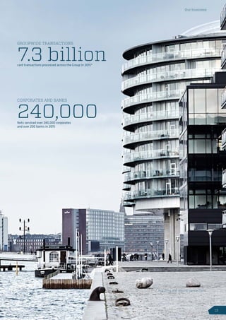 Our business
GROUPWIDE TRANSACTIONS
7.3 billioncard transactions processed across the Group in 2015*
CORPORATES AND BANKS
240,000Nets serviced over 240,000 corporates
and over 200 banks in 2015
* Acquiring and issuing transactions.
13
 