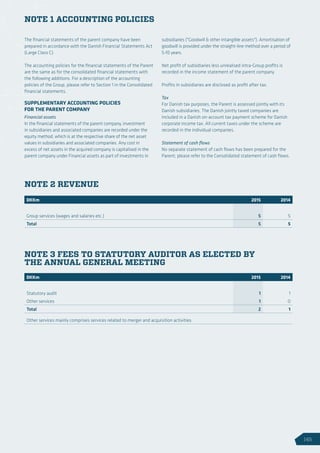 NOTE 1 ACCOUNTING POLICIES
NOTE 2 REVENUE
NOTE 3 FEES TO STATUTORY AUDITOR AS ELECTED BY
THE ANNUAL GENERAL MEETING
DKKm 2015 2014
Group services (wages and salaries etc.) 5 5
Total 5 5
The financial statements of the parent company have been
prepared in accordance with the Danish Financial 	Statements Act
(Large Class C).
The accounting policies for the financial statements of the Parent
are the same as for the consolidated financial statements with
the following additions. For a description of the accounting
policies of the Group, please refer to Section 1 in the Consolidated
financial statements.
SUPPLEMENTARY ACCOUNTING POLICIES
FOR THE PARENT COMPANY
Financial assets
In the financial statements of the parent company, investment
in subsidiaries and associated companies are recorded under the
equity method, which is at the respective share of the net asset
values in subsidiaries and associated companies. Any cost in
excess of net assets in the acquired company is capitalised in the
parent company under Financial assets as part of investments in
subsidiaries (Goodwill  other intangible assets). Amortisation of
goodwill is provided under the straight-line method over a period of
5-10 years.
Net profit of subsidiaries less unrealised intra-Group profits is
recorded in the income statement of the parent company.
Profits in subsidiaries are disclosed as profit after tax.
Tax
For Danish tax purposes, the Parent is assessed jointly with its
Danish subsidiaries. The Danish jointly taxed companies are
included in a Danish on-account tax payment scheme for Danish
corporate income tax. All current taxes under the scheme are
recorded in the individual companies.
Statement of cash flows
No separate statement of cash flows has been prepared for the
Parent; please refer to the Consolidated statement of cash flows.
DKKm 2015 2014 2014
Statutory audit 1 1
Other services 1 0
Total 2 1
Other services mainly comprises services related to merger and acquisition activities.
145
 