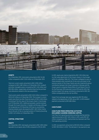 ASSETS
On 31 December 2015, total assets amounted to DKK 14,238
million compared to DKK 11,102 million on 31 December 2014.
Total non-current assets amounted to DKK 4,785 million
compared to DKK 2,881 million on 31 December 2014. Goodwill
and other intangible assets increased by DKK 1,224 million and
DKK 696 million, respectively, primarily driven by the purchase
price allocations related to the new acquisitions.
Total current assets amounted to DKK 9,453 million compared to
DKK 8,221 million on 31 December 2014. The increase in current
assets was driven by other financial assets of DKK 2,428 million,
consisting of the fair value of the Group’s share in Visa Europe
as of 31 December 2015. Additional proceeds could be received
through the Group’s branches in Sweden and Norway, although
not recognised as of 31 December 2015 due to uncertainties.
Clearing-related assets decreased by DKK 1,387 million mainly
due to the exit of the co-issuing business in Finland amounting
to DKK 1,221 million on 31 December 2014.
CAPITAL STRUCTURE
EQUITY
On 31 December 2015, total equity amounted to DKK 3,993 million
equivalent to an equity ratio of 28% compared to 21% for 2014.
In 2015, equity was mainly impacted by DKK 1,139 million due
to a fair value adjustment of the Group’s shares in Visa Europe
within its subsidiary Teller A/S. The Group is obligated to pass on
these proceeds when received net of any costs and taxes to the
previous owners of the Group. Equity was also impacted by group
contribution between the Group’s branches in Norway and the
Group’s parent companies Nassa Midco AS and Nassa Finco AS
for the fiscal year 2014 executed in June 2015 and for 2015. Net
positive impact from group contribution amounted to DKK 265
million corresponding to the net tax effect.
Impact from exchange rates was negative by DKK 119 million
related to the depreciation of NOK versus DKK. In 2015 dividend
payments amounted to DKK 698 million.
CASH FLOWS
CASH FLOW FROM OPERATING ACTIVITIES
EXCLUDING CLEARING WORKING CAPITAL
Cash flow from operating activities excluding clearing working
capital amounted to DKK 1,655 million in 2015, up by DKK 567
million compared to 2014, mainly driven by improved cash flow
from operating activities.
In 2015, tax payments amounted to DKK 80 million compared
to DKK 318 million in 2014. The decrease in tax payments was
20
 