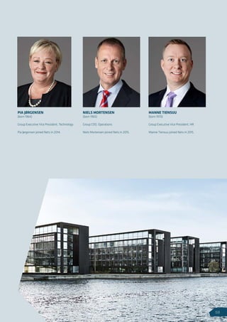 MANNE TIENSUU
(born 1970)
Group Executive Vice President, HR
Manne Tiensuu joined Nets in 2015.
PIA JØRGENSEN
(born 1964)
Group Executive Vice President, Technology
Pia Jørgensen joined Nets in 2014.
NIELS MORTENSEN
(born 1965)
Group COO, Operations
Niels Mortensen joined Nets in 2015.
59
 