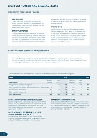 DKKm 2015 2014
Special items
External
expenses
Staff
costs
External
expenses
Staff
costs
Reorganisation and restructuring costs 8 151 159 3 106 109
Costs associated with business set-ups, acquisitions and disposals 42 - 42 168 13 181
Transformation programme 315 38 353 124 - 124
Other costs and income, net -18 - -18 -3 - -3
Total special items 347 189 536 292 119 411
NOTE 2.2 – COSTS AND SPECIAL ITEMS
COST OF SALES
Cost of sales is the accumulated total of all costs
related to products and services which have been sold.
This represents mainly the cost of terminals sold and
decentralised production costs.
EXTERNAL EXPENSES
External expenses incurred in generating the revenue
for the year comprise IT operation, operating leases for
software, maintenance and development costs that do
not qualify for capitalisation, lease expenses and other
marketing, sales and distribution costs, loss and fraud.
Immaterial other gains and losses of a nature secondary
to the main activities of the Group are recognised within
external expenses.
SPECIAL ITEMS
Special items are costs or income that are recognised in
the income statement which cannot be attributed directly
to the Group’s ordinary activities. Such costs and income
include the cost of extensive restructuring or processes and
fundamental structural adjustment. They are therefore
separately disclosed to allow a more comparable view of
underlying trading performance.
REORGANISATION AND RESTRUCTURING COSTS
Costs of reorganisation and restructuring amounted to DKK 159
million (2014: DKK 109 million) and mainly include costs related
to termination of employees as part of making Nets more
cost-efficient and competitive in meeting the strategy of being
operationally excellent.
COSTS ASSOCIATED WITH BUSINESS SET-UPS,
ACQUISITIONS AND DISPOSALS
Costs associated with business set-ups, acquisitions and
disposals amounted to DKK 42 million (2014: DKK 181 million)
and mainly include costs related to external advisors.
TRANSFORMATION PROGRAMME
Costs related to the transformation programme, mainly external
management consultants, amounted to DKK 353 million (2014:
DKK 124 million) and include costs related to placing Nets in the
best position to continue to achieve the growth plans in our
strategy “from Good to Great”.
The use of special items entails management judgement in the separation from other items in the income statement.
Management carefully considers such changes in order to ensure the correct distinction between the operating activities and
restructuring of the Group carried out to enhance the future earnings potential.
Special items in the year amounted to DKK 536 million (2014: DKK 411 million) and included the following costs:
SIGNIFICANT ACCOUNTING POLICIES
KEY ACCOUNTING ESTIMATES AND JUDGEMENTS
80
 