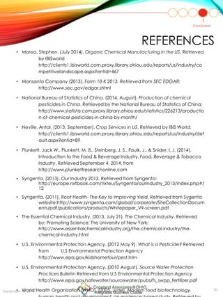 REFERENCES
• Morea, Stephen. (July 2014). Organic Chemical Manufacturing in the US. Retrieved
by IBISworld
http://clients1.ibisworld.com.proxy.library.ohiou.edu/reports/us/industry/co
mpetitivelandscape.aspx?entid=467
• Monsanto Company (2013). Form 10-K 2013. Retrieved from SEC EDGAR:
http://www.sec.gov/edgar.shtml
• National Bureau of Statistics of China. (2014, August). Production of chemical
pesticides in China. Retrieved by the National Bureau of Statistics of China:
http://www.statista.com.proxy.library.ohiou.edu/statistics/226213/productio
n-of-chemical-pesticides-in-china-by-month/
• Neville, Antal. (2013, September). Crop Services in US. Retrieved by IBIS World:
http://clients1.ibisworld.com.proxy.library.ohiou.edu/reports/us/industry/def
ault.aspx?entid=89
• Plunkett, Jack W., Plunkett, M. B., Steinberg, J. S., Faulk, J., & Snider, I. J. (2014).
Introduction to the Food & Beverage Industry. Food, Beverage & Tobacco
Industry. Retrieved September 4, 2014, from
http://www.plunkettresearchonline.com
• Syngenta. (2013). Our Industry 2013. Retrieved from Syngenta:
http://europe.nxtbook.com/nxteu/Syngenta/ourindustry_2013/index.php#/
12
• Syngenta. (2011). Root Health- The Key to Improving Yield. Retrieved from Sygenta
website:http://www.syngenta.com/global/corporate/SiteCollectionDocum
ents/pdf/publications/products/Whitepaper_V9-screen.pdf
• The Essential Chemical Industry. (2013, July 21). The Chemical Industry. Retrieved
by: Promoting Science: The University of New York:
http://www.essentialchemicalindustry.org/the-chemical-industry/the-
chemical-industry.html
• U.S. Environmental Protection Agency. (2012 May 9). What is a Pesticide? Retrieved
from U.S Environmental Protection Agency
http://www.epa.gov/kidshometour/pest.htm
• U.S. Environmental Protection Agency. (2010 August). Source Water Protection
Practices Bulletin Retrieved from U.S Environmental Protection Agency
http://www.epa.gov/safewater/sourcewater/pubs/fs_swpp_fertilizer.pdf
• World Health Organization (WHO). (2005, June). Modern food biotechnology, 30September 16, 2014
Conclusion
 