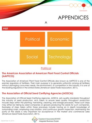 APPENDICES
A
Political Economic
Social Technology
Conclusion
PEST
September 16, 2014 31
Political
The American Association of American Plant Food Control Officials
(AAPFCO):
The Association of American Plant Food Control Officials also known as AAPFCO is one of the
premier regulators of fertilizers. Their main purpose is to generate uniformity among all fertilizers
without damaging consumers needs, the environment, or competition in the industry. It is one of
the leading regulators in the United States (American Seed Trade Association, 2011).
The Association of Official Seed Certifying Agencies (AOSCA):
The Association of Official Seed Certifying Agencies, AOSCA, sets quality standards throughout
the industry of seed production. Acts taken to ensure seed quality throughout production
include steps within the planting, harvesting, cleaning, and storage processes. These such steps
may either be taking by seed companies or growers producing the seeds for such companies.
Examples of steps taken within these processes include having an in depth knowledge of
surrounding crops, employing crop rotation, and continuous growth inspection. Maintaining the
purity of the seeds is very important for acceptance in the market and commercial sales
(American Seed Trade Association, 2011).
 