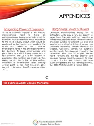 Conclusion
APPENDICES
Bargaining Power of Suppliers Bargaining Power of Buyers
Chemical manufacturers mainly sell to
distributors, while only a few go directly to
larger farms. They also sell large quantities to
fertilizer and pesticide mixers to create various
chemicals suitable for different soil, crop and
weather characteristics. External factors can
ultimately determine farmers demand for
supplies. Generally, farmers will purchase
supplies locally. The climate of a location also
determines what type of supplies farmers
need. Fertilizers are the top product sold
because farmers need the nutrients to grow
products. For the seed industry, the main
buyer is vegetable and fruit farmers (Isakowitz,
July 2014; McKitterick, 2014; Haider, 2014).
To be a successful supplier in this industry,
manufacturers need to have an
understanding of the consumer’s demand. For
example, market research sends information
to the seed industry about what should be
produced so that farmers can produce the
wants and needs of the consumer.
International trade in the chemical industry is
big because fertilizers need potash and
phosphorus rock which is only available in a
few countries. The US is a net exporter of
pesticides while fertilizers are imported. Thus
giving farmers the ability to inexpensively
outsource to international sellers causing
overall profit to rise (First Research, 2014
August 11; American Seed Trade Association,
2011).
September 16, 2014 34
C
The Business Model Canvas: Monsanto
 