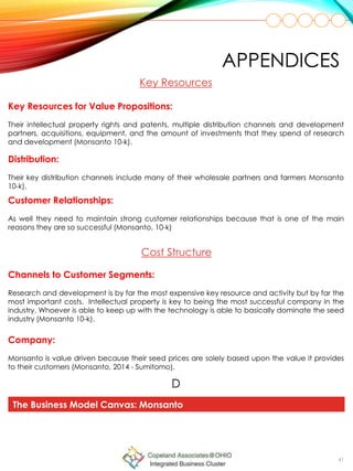 41
Distribution:
Their key distribution channels include many of their wholesale partners and farmers Monsanto
10-k).
Key Resources
Key Resources for Value Propositions:
Their intellectual property rights and patents, multiple distribution channels and development
partners, acquisitions, equipment, and the amount of investments that they spend of research
and development (Monsanto 10-k).
Customer Relationships:
As well they need to maintain strong customer relationships because that is one of the main
reasons they are so successful (Monsanto, 10-k)
APPENDICES
Cost Structure
Channels to Customer Segments:
Research and development is by far the most expensive key resource and activity but by far the
most important costs. Intellectual property is key to being the most successful company in the
industry. Whoever is able to keep up with the technology is able to basically dominate the seed
industry (Monsanto 10-k).
Company:
Monsanto is value driven because their seed prices are solely based upon the value it provides
to their customers (Monsanto, 2014 - Sumitomo).
D
The Business Model Canvas: Monsanto
 
