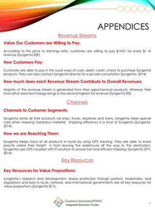 46
Value Our Customers are Willing to Pay:
According to the price to earnings ratio, customers are willing to pay $14.01 for every $1 of
revenue (Syngenta 20F).
Revenue Streams
How Customers Pay:
Customers are able to pay in the usual ways of cash, debit, credit, check to purchase Syngenta
products. They can also contact Syngenta directly for a private consultation (Syngenta, 2014).
How much does each Revenue Stream Contribute to Overall Revenues:
Majority of the revenue stream is generated from their agrochemical products. Whereas their
innovative seed technology brings in the second highest for revenue (Syngenta 20f).
APPENDICES
Channels to Customer Segments:
Syngenta sends all their products via ships, trucks, airplanes and trains. Syngenta takes special
care when shipping hazardous material. Shipping efficiency is a must at Syngenta (Syngenta,
2014).
Channels
How we are Reaching Them:
Syngenta keeps track of all products in route by using GPS tracking. They are able to know
exactly where their freight is from leaving the warehouse all the way to the destination.
Syngenta uses GPS coupled with IT solutions to ensure fast and efficient shipping (Syngenta 20-F,
2014).
Key Resources
Key Resources for Value Propositions:
Syngenta’s research and development, brand protection through patents, trademarks, and
regulations and laws in local, national, and international governments are all key resources for
value propositions (Syngenta 20-f).
 