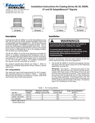P-047550-0541 ISSUE 13 © 2003
Installation Instructions for Catalog Series 49, 50, 50SIN,
51 and 52 AdaptaBeacon®
Signals
DescriptionDescriptionDescriptionDescriptionDescription
Catalog Series 49, 50, 50SIN, 51 and 52 AdaptaBeacon sig-
nals are UL and cUL listed, general purpose visual and
visual/audible signaling appliances. The 49 and 50 series
are flashing lights. The 50SIN is a steady-on light. The 51
series are combination flashing lights with horn. The 51
series come in single and double horn versions; the double
horn version is denoted by a 2H in its catalog number.
The 52 series are rotating lights.
The 49, 50, 50SIN, 51 and 52 series signals are suitable for
indoor or outdoor (weatherproof) installation and uti-
lize a standard base that allows direct surface mounting,
mounting on a 4" (102 mm) octagon box, or mounting
on 1/2" (13 mm) NPT conduit. For outdoor installation,
the signals must be mounted on conduit.
For product specification details see Table 2. Refer to
Table 3 for available replacement lamps, flashers, domes
and lenses.
PLC Compatibility
The electrical input load requirements for PLC compat-
ible signaling devices are listed in Table 1. Signaling
devices may be directly connected to output cards that
meet these input load requirements.
InstallationInstallationInstallationInstallationInstallation
WARNINGS
To prevent electrical shock, ensure that power is
disconnected before installing the signal.
To prevent electrical shock, use care when
disassembling the signal to prevent tearing of the
permanently affixed gaskets provided for
weatherproofing.
Install in accordance with the latest edition of the Na-
tional Electrical Code and local regulations.
1. For the 49, 50, 50SIN, 51 and 52 series signals, remove
the base from the signal using one of the following
applicable procedures.
49 Series: See Figure 1. Remove the screw in the
clamp ring, remove the ring, and lift off the dome.
Loosen the three screws in the base of the lens and
turn the lens clockwise to remove. Then remove the
two screws that are partially set into the raised area
of the lamp assembly mounting plate, lift the
assembly off of the base, and pull the wire leads out
of the conduit entrance hole in the base. Proceed to
step 2 for installation of the base.
Table 1. PLC Compatibility
Operating Maximum off state Continuous on Surge (inrush/duration)
Cat. No. voltage* leakage current (mA) current (mA) (A/ms**)
50( )-N5-40WH 120V AC 25 300 2/8
50SIN( )-N5-40WH 120V AC 25 290 0.47/8
51( )-N5-40W 120V AC 25 350 2/8
*All AC volts at 60 Hz
**Amps/milliseconds
Cheshire, CT 06410 203-699-3300 (Ph)
203-699-3365 (Cust. Serv. Fax)
203-699-3078 (Tech. Serv. Fax)
 