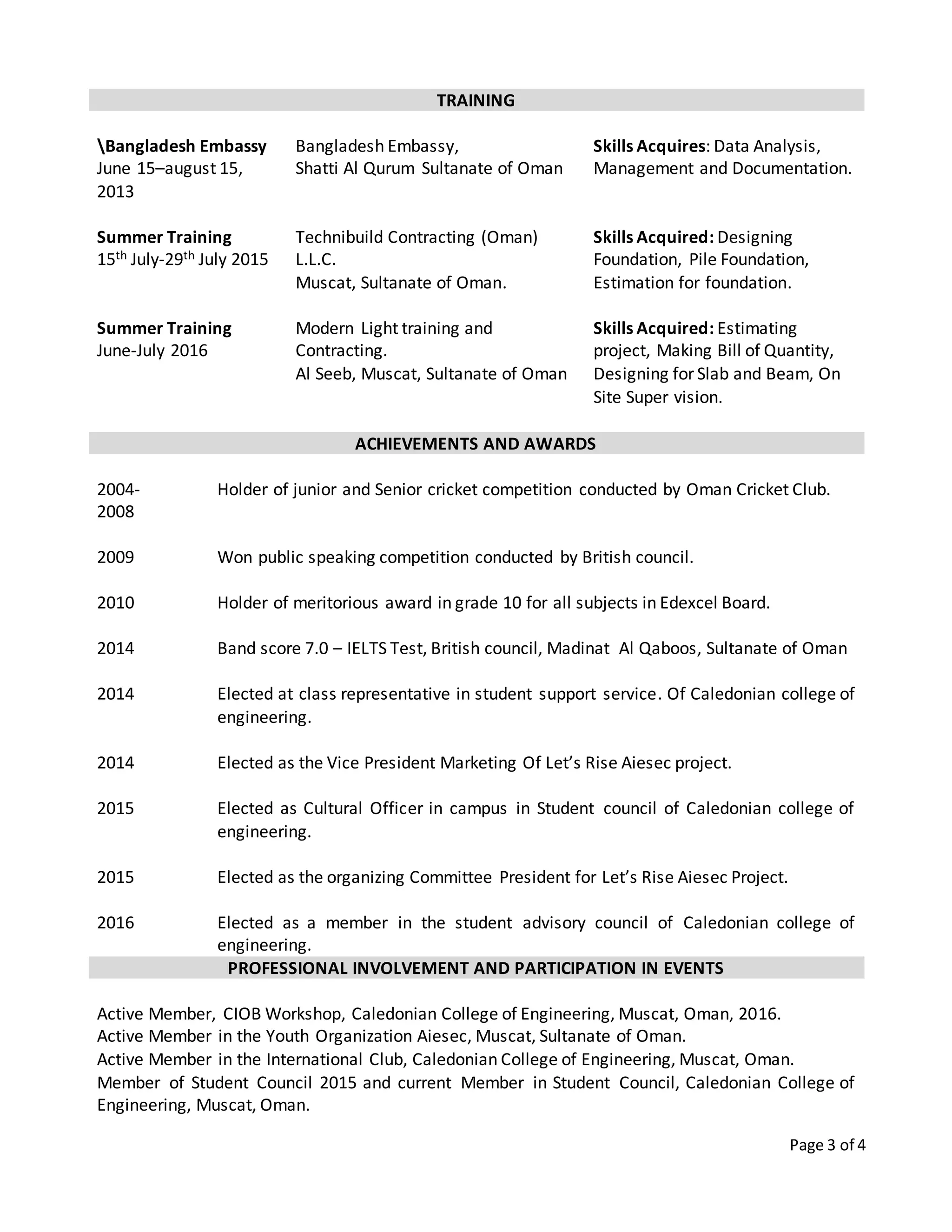 Page 3 of 4
TRAINING
Bangladesh Embassy
June 15–august 15,
2013
Bangladesh Embassy,
Shatti Al Qurum Sultanate of Oman
Skills Acquires: Data Analysis,
Management and Documentation.
Summer Training
15th July-29th July 2015
Summer Training
June-July 2016
Technibuild Contracting (Oman)
L.L.C.
Muscat, Sultanate of Oman.
Modern Light training and
Contracting.
Al Seeb, Muscat, Sultanate of Oman
Skills Acquired: Designing
Foundation, Pile Foundation,
Estimation for foundation.
Skills Acquired: Estimating
project, Making Bill of Quantity,
Designing for Slab and Beam, On
Site Super vision.
ACHIEVEMENTS AND AWARDS
2004-
2008
2009
2010
2014
2014
2014
2015
2015
2016
Holder of junior and Senior cricket competition conducted by Oman Cricket Club.
Won public speaking competition conducted by British council.
Holder of meritorious award in grade 10 for all subjects in Edexcel Board.
Band score 7.0 – IELTS Test, British council, Madinat Al Qaboos, Sultanate of Oman
Elected at class representative in student support service. Of Caledonian college of
engineering.
Elected as the Vice President Marketing Of Let’s Rise Aiesec project.
Elected as Cultural Officer in campus in Student council of Caledonian college of
engineering.
Elected as the organizing Committee President for Let’s Rise Aiesec Project.
Elected as a member in the student advisory council of Caledonian college of
engineering.
PROFESSIONAL INVOLVEMENT AND PARTICIPATION IN EVENTS
Active Member, CIOB Workshop, Caledonian College of Engineering, Muscat, Oman, 2016.
Active Member in the Youth Organization Aiesec, Muscat, Sultanate of Oman.
Active Member in the International Club, Caledonian College of Engineering, Muscat, Oman.
Member of Student Council 2015 and current Member in Student Council, Caledonian College of
Engineering, Muscat, Oman.
 