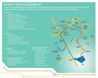 Aside from establishments and institutions within ARCA South, Avida Towers One Union Place is also near
several schools, hospitals, churches, and commercial and business districts in Metro Manila.
1. Schools
• Asia Pacific College
• Assumption College Makati
• Australian International School
• British School Manila
• Colegio San Agustin Makati
• Don Bosco Technical Institute
• International School Manila
• Manila Japanese School
• PAREF-Southridge School
• Technological University of the Philippines
2. Churches
• Iglesia ni Cristo
• Our Lady of the Poor Parish
• San Antonio de Padua
• San Martin de Porres
• St. Alphonsus Mary Liguori Parish
• St. Michael the Archangel Parish
3. Hospitals
• Asian Hospital
• Paranaque Doctor’s Hospital
• St. Lukes Medical Center BGC
4. Central Business Districts
• Bonifacio Global City
• Makati Central Business District
• Madrigal Business Park
• Filinvest City
5. Commercial Areas and
Retail Establishments
• Alabang Town Center
• Bonifacio High Street
• Market! Market
• Burgos Circle
• Festival Supermall
• McKinley Hill
• SM Aura Premier
• SM City Bicutan
• Venetian Mall
• Waltermart Bicutan
VICINITY AND ACCESSIBILITY
ARCA SOUTH BRAND ELEMENTS 3.5
AYALA LAND ENDORSEMENT
In cases where the ARCA South logo must be endorsed using
the Ayala Land logo, the latter must appear in the format
specified here.
The minimum height of “A Signature Development of Ayala Land”
is 6mm and must be center-aligned to the ARCA South logo.
MINIMUM SIZE
When using the logo version, the ARCA South logo
and endorsement should not be reproduced smaller
than the specified size to ensure legibility.
73 mm
43.5 mm
6 mm
20 mm
1 1/2 A 1 1/2 A
1 S
a signature development of
6 mm
1 S
a signature development of
 