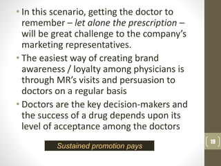 • In this scenario, getting the doctor to
remember – let alone the prescription –
will be great challenge to the company’s
marketing representatives.
• The easiest way of creating brand
awareness / loyalty among physicians is
through MR’s visits and persuasion to
doctors on a regular basis
• Doctors are the key decision-makers and
the success of a drug depends upon its
level of acceptance among the doctors
19
Sustained promotion pays
 