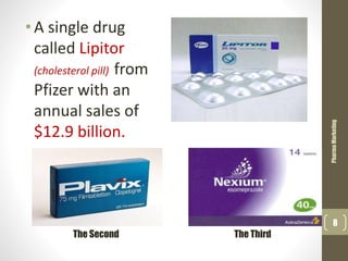 • A single drug
called Lipitor
(cholesterol pill) from
Pfizer with an
annual sales of
$12.9 billion.
PharmaMarketing
8
The Second The Third
 