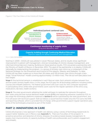 Mexico
Global Accountable Care In Action
5
Figure 2: The Five Pillars of the CASALUD Model
Individual/patient centered care
Proactive prevention
and detection of
chronic diseases
Systematic risk-assessment at
the clinic and the household
with proper follow-up
Evidence-based
disease management
Clinical decision making
based on best practices, and
personalized follow-up
Continuous monitoring of supply chain
Drug and laboratory tests
Capacity building through Continuing Medical Education
Improve capacity for disease prevention and management
Source: Carlos Slim Foundation
Starting in 2009 , CASALUD was piloted in seven Mexican states, and its results show significant
improvement in patient self-management, clinician knowledge of chronic disease management, and
informed clinical decision-making. Building on these positive results, FCS convened a partnership with
the Ministry of Health of Mexico in December 2012. The goal of the partnership is to deploy CASALUD
nationally by implementing the program in a group of primary care clinics as a component of the
National Strategy for the Prevention and Control of Pre-obesity, Obesity and Diabetes. To date,
CASALUD has been scaled-up in more than 20 states and 120 primary care clinics through a two-
stage “social franchise” model covering approximately 1.3 million lives. The roll out will take place over
two stages:
Stage 1: One technical network is established in each Mexican state. Each network includes between four
and ten public primary health clinics. In this stage, the FCS pays for all technology platforms including online
courses and mHealth platforms. The federal government will cover costs for new computer equipment
in participating clinics while state governments cover costs for the regular operation of the clinics (e.g,
medications, lab tests, health workers).
Stage 2: The state governments adopting the model will begin to replicate the networks throughout
their state using the free license electronic health records (EHRs) and reporting softwares created by FCS. In
this stage the technology platforms explained in Section 3 will be subsidized by the state government, and
FCS will assist with technical support. Roll out follows a social franchise model since the FCS owns the EHR
and reporting software, which is provided free of charge, while governments support regular operations plus
some of the technologies proposed as part of the model.
PART 2: INNOVATIONS IN CARE
CASALUD proposes a new approach in health care delivery using a variety of technology-based tools to
support better diabetes care in Mexico (see Appendix 1). There are five pillars of the program: 1)
proactive prevention and detection of chronic diseases; 2) evidence-based disease management; 3)
supply chain improvements; 4) capacity building of health care professionals; and 5) patient engagement
and mHealth.
 