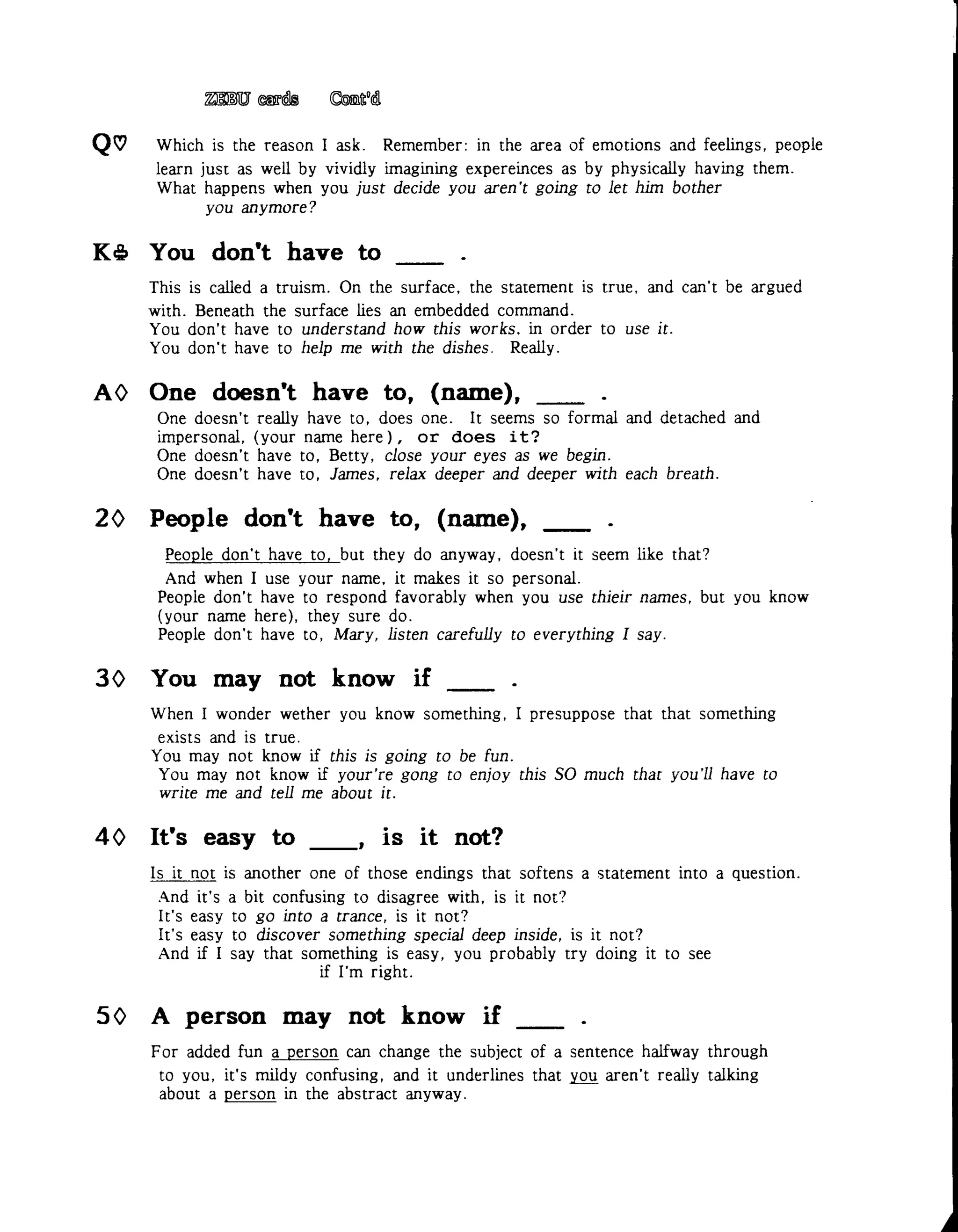 52 cards with language patterns from nlp & milton erickson | PDF