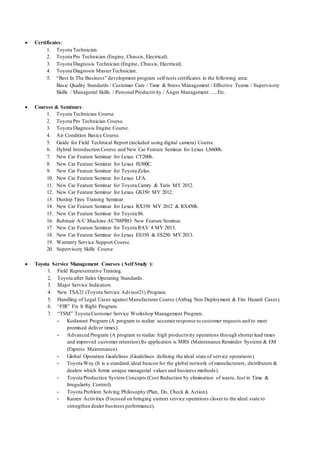  Certificates:
1. Toyota Technician.
2. Toyota Pro Technician (Engine, Chassis, Electrical).
3. Toyota Diagnosis Technician (Engine, Chassis, Electrical).
4. Toyota Diagnosis MasterTechnician.
5. “Best In The Business” development program self-tests certificates in the following area:
Basic Quality Standards / Customer Care / Time & Stress Management / Effective Teams / Supervisory
Skills / Managerial Skills / Personal Productivity / Anger Management …..Etc.
 Courses & Seminars:
1. Toyota Technician Course.
2. Toyota Pro Technician Course.
3. Toyota Diagnosis Engine Course.
4. Air Condition Basics Course.
5. Guide for Field Technical Report (included using digital camera) Course.
6. Hybrid Introduction Course and New Car Feature Seminar for Lexus LS600h.
7. New Car Feature Seminar for Lexus CT200h.
8. New Car Feature Seminar for Lexus IS300C.
9. New Car Feature Seminar for Toyota Zelas.
10. New Car Feature Seminar for Lexus LFA.
11. New Car Feature Seminar for Toyota Camry & Yaris MY 2012.
12. New Car Feature Seminar for Lexus GS350 MY 2012.
13. Dunlop Tires Training Seminar.
14. New Car Feature Seminar for Lexus RX350 MY 2012 & RX450h.
15. New Car Feature Seminar for Toyota 86.
16. Robinair A/C Machine AC788PRO New Feature Seminar.
17. New Car Feature Seminar for Toyota RAV 4 MY 2013.
18. New Car Feature Seminar for Lexus ES350 & ES250 MY 2013.
19. Warranty Service Support Course.
20. Supervisory Skills Course.
 Toyota Service Management Courses ( Self Study ):
1. Field Representative Training.
2. Toyota after Sales Operating Standards.
3. Major Service Indicators.
4. New TSA21 (Toyota Service Advisor21) Program.
5. Handling of Legal Cases against Manufacturer Course (Airbag Non Deployment & Fire Hazard Cases).
6. “FIR” Fix It Right Program.
7. “TSM” Toyota Customer Service Workshop Management Program.
- Kodawari Program (A program to realize accurate response to customer requests and to meet
promised deliver times).
- Advanced Program (A program to realize high productivity operations through shorterlead times
and improved customer retention).Its application is MRS (Maintenance Reminder System) & EM
(Express Maintenance).
- Global Operation Guidelines (Guidelines defining the ideal state of service operations).
- Toyota Way (It is a standard,ideal beacon for the global network of manufacturers, distributers &
dealers which forms unique managerial values and business methods).
- Toyota Production System Concepts (Cost Reduction by elimination of waste, Just in Time &
Irregularity Control).
- Toyota Problem Solving Philosophy (Plan, Do, Check & Action).
- Kaizen Activities (Focused on bringing current service operations closer to the ideal state to
strengthen dealer business performance).
 