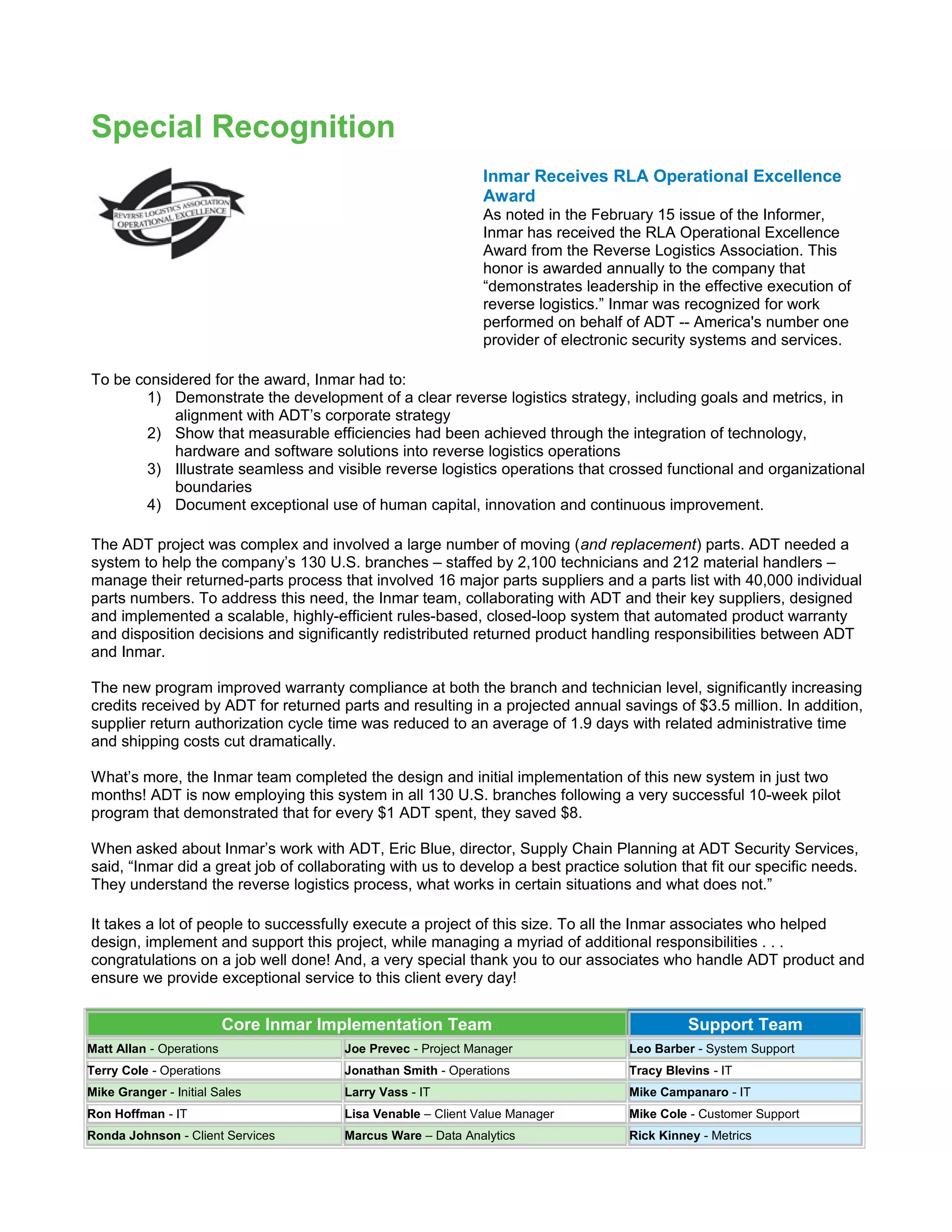 Inmar RLA Ops Excellence Award 2011 | DOC