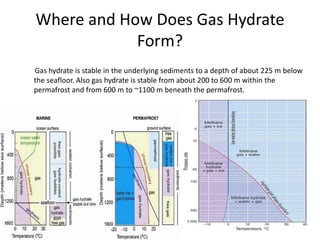 Where and How Does Gas Hydrate
Form?
Gas hydrate is stable in the underlying sediments to a depth of about 225 m below
the seafloor. Also gas hydrate is stable from about 200 to 600 m within the
permafrost and from 600 m to ~1100 m beneath the permafrost.
 