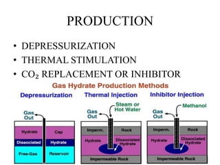 PRODUCTION
• DEPRESSURIZATION
• THERMAL STIMULATION
• CO₂ REPLACEMENT OR INHIBITOR
INJECTION
 