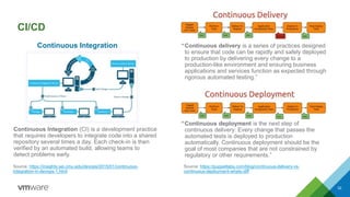 CI/CD
32
Continuous Integration (CI) is a development practice
that requires developers to integrate code into a shared
repository several times a day. Each check-in is then
verified by an automated build, allowing teams to
detect problems early.
“Continuous deployment is the next step of
continuous delivery: Every change that passes the
automated tests is deployed to production
automatically. Continuous deployment should be the
goal of most companies that are not constrained by
regulatory or other requirements.”
“Continuous delivery is a series of practices designed
to ensure that code can be rapidly and safely deployed
to production by delivering every change to a
production-like environment and ensuring business
applications and services function as expected through
rigorous automated testing.”
Continuous Integration
Source: https://insights.sei.cmu.edu/devops/2015/01/continuous-
integration-in-devops-1.html
Source: https://puppetlabs.com/blog/continuous-delivery-vs-
continuous-deployment-whats-diff
 